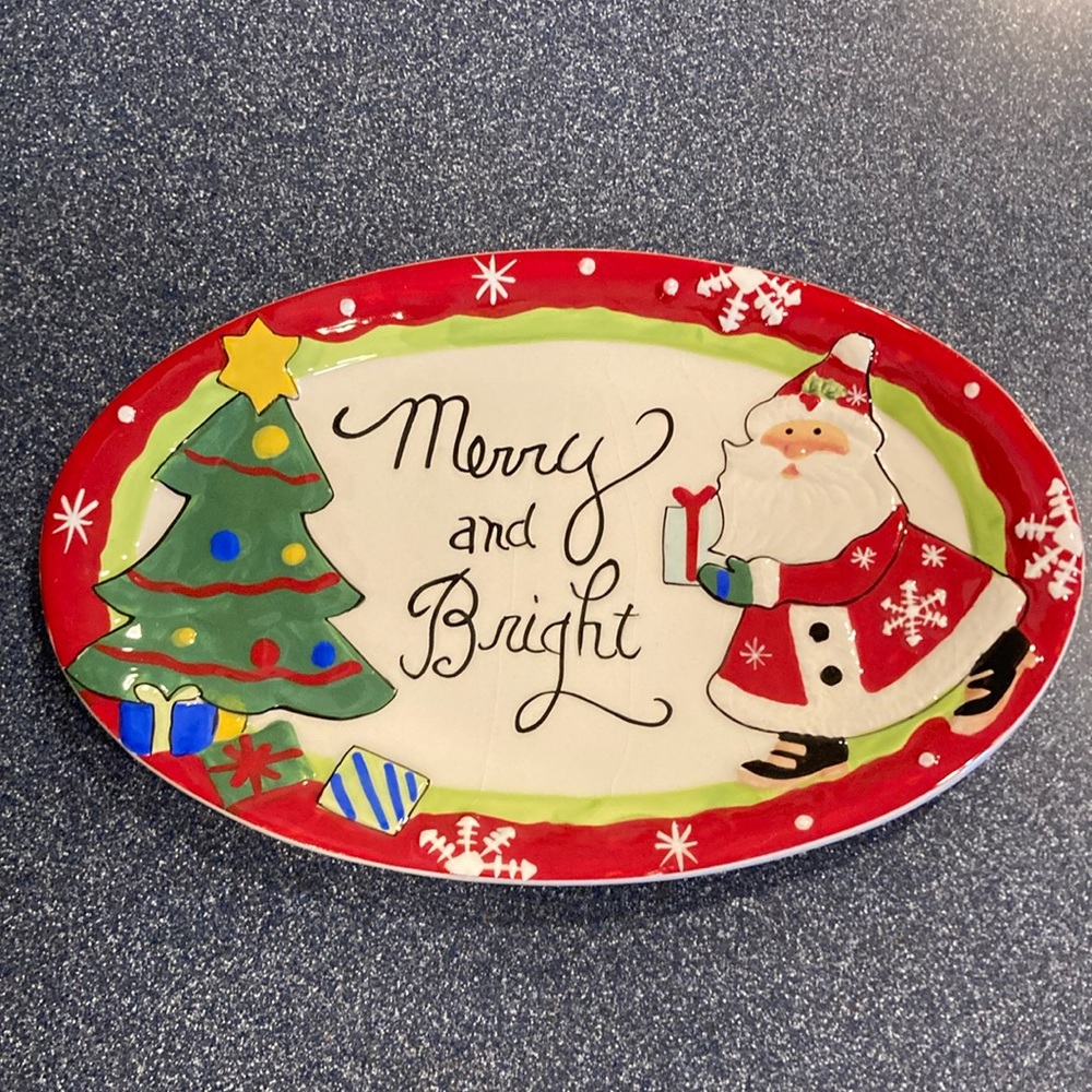 Fitz and Floyd Merry and Bright Santa Platter - Red, Green, Yellow